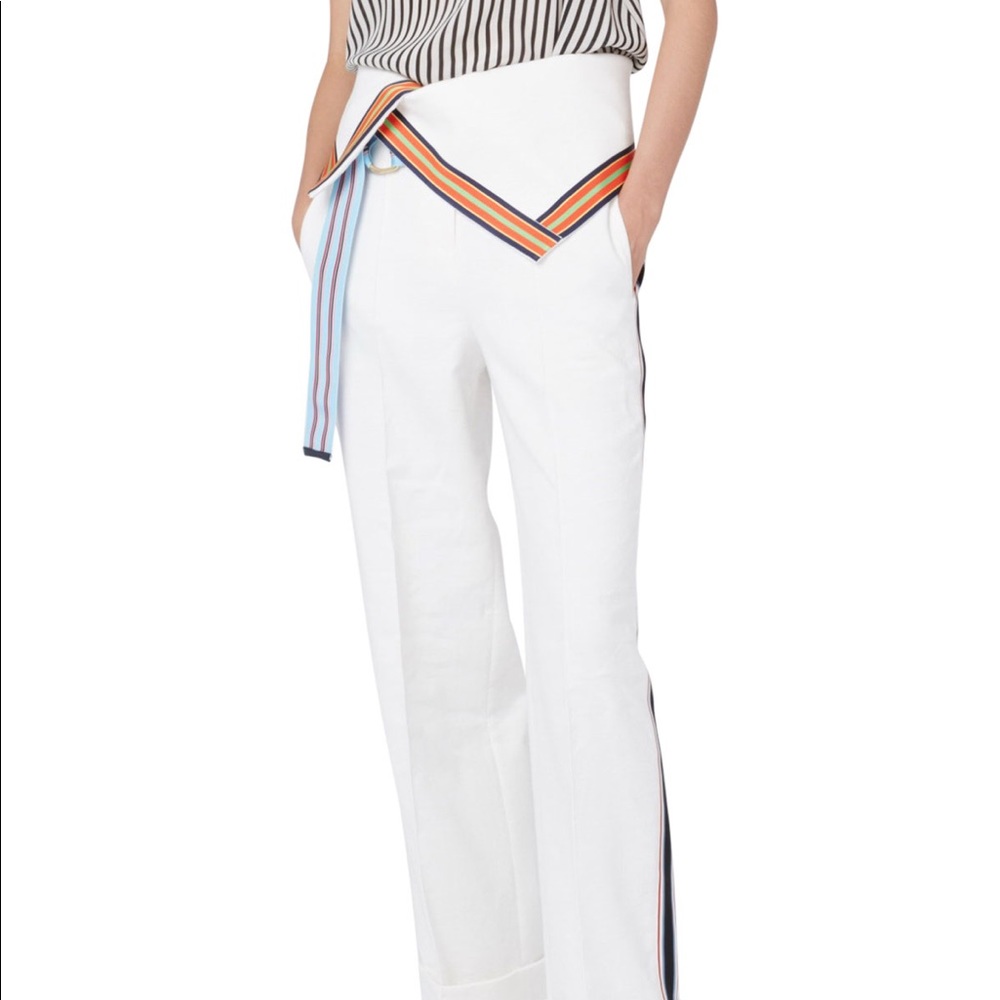 DVF Ribbon-Stripe Wide-Leg Fold-Over Pants, White